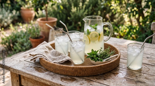 Rattan tray with lemonade, reusable metal straws and fresh herbs