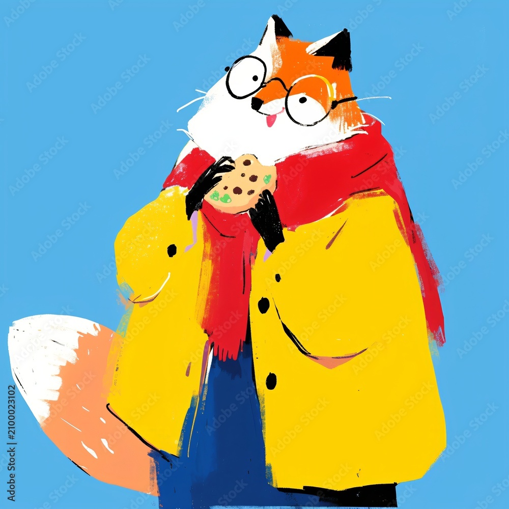 Fototapeta premium Cute fox wearing a yellow coat and scarf holding a chocolate chip cookie. Hand drawn illustration of a stylish animal character for greeting card, sticker, poster and print design.