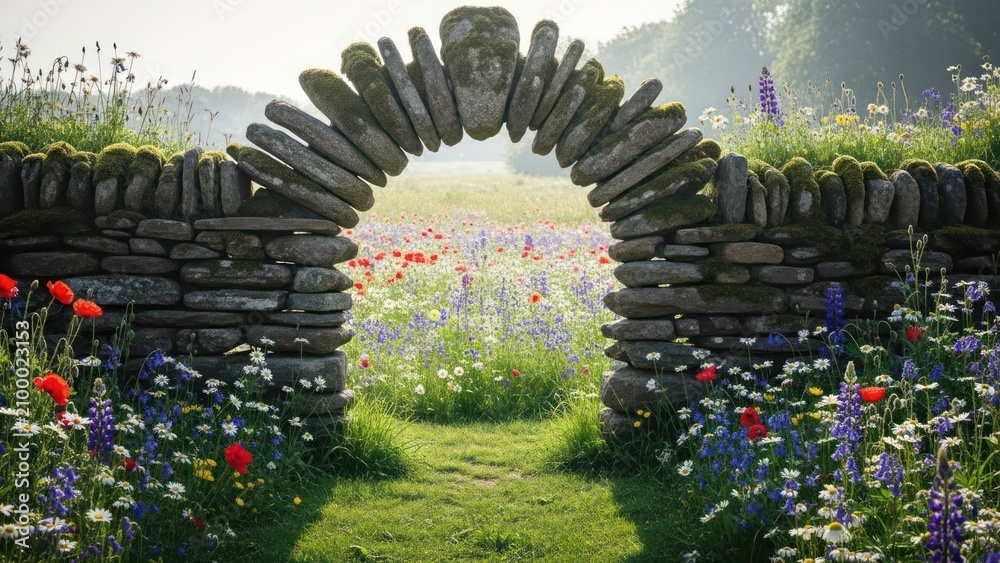 Fototapeta premium Stone archway opening to a beautiful wildflower meadow.