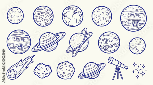 Vászonkép Collection of hand-drawn planets, celestial bodies, and a telescope, representing space exploration and astronomy