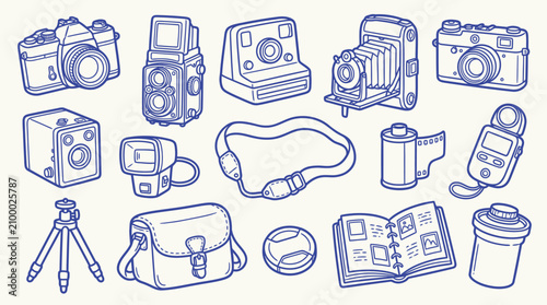 Photography Collection of vintage and modern cameras and photography equipment, hand-drawn illustration