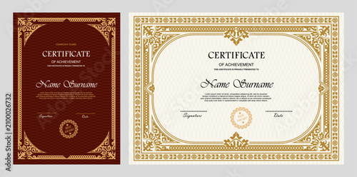 Vintage certificate of achievement template with horizontal, vertical layouts. Multipurpose retro design with ornate ornaments. Vector illustration for diploma, graduation, professional recognition