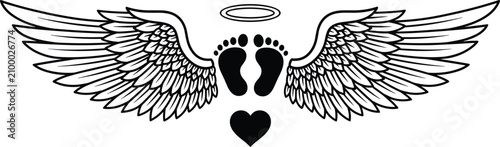Tableau sur toile Angel Wings with Halo Heart and Baby Footprints Memorial Outline Vector Illustra