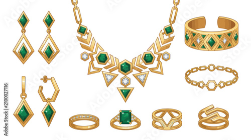 Konstfotografi Elegant Gold Jewelry Set with Green Gems and Diamonds