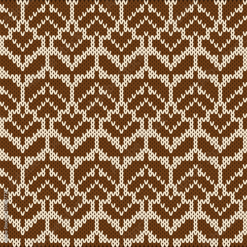 Seamless Nordic Knitting Pattern with Brown and Cream Botanical Tree Ornaments