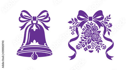 Set of two purple ornate decorative wedding bells with bows and floral accents silhouette decoration celebration marriage ornament invitation template announcement