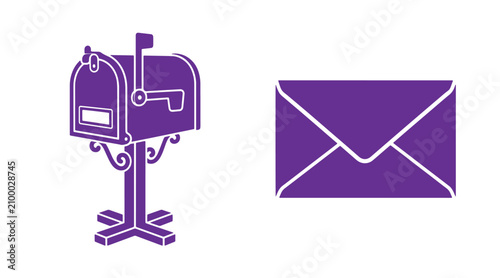 Purple mail delivery mailbox and envelope silhouette set with envelope silhouette delivery communication shipping correspondence stationery isolated illustration business