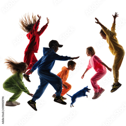 Joyful Jumps: Colorful Kids and a Dog.

