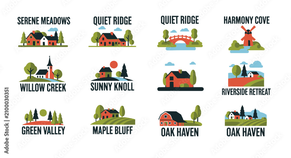 Fototapeta premium Charming, vibrant village scenes in warm orange, green, and blue hues, showcasing scalable, clean-lined houses and natural elements for idyllic community branding and real estate