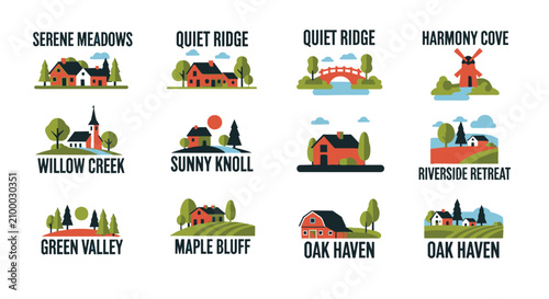 Charming, vibrant village scenes in warm orange, green, and blue hues, showcasing scalable, clean-lined houses and natural elements for idyllic community branding and real estate