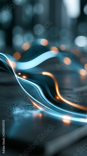 Wavy blue and orange glowing lines are flowing across a dark textured surface