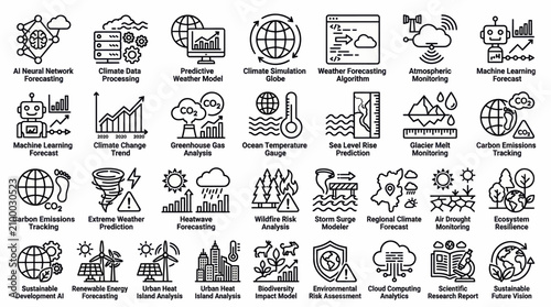 Black and white line icons depicting climate change and weather forecasting concepts