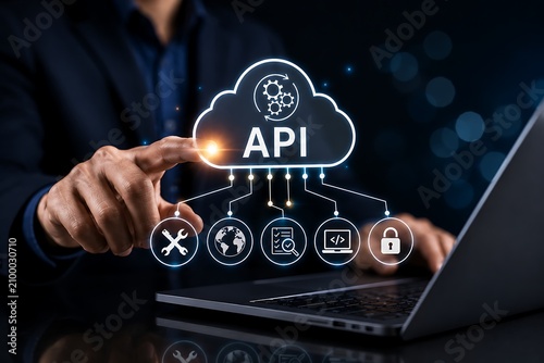 Naklejka Cloud API concept with connected icons for software services, development and security lock.