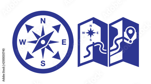 Navigation compass and folded paper map graphic icon with navigation location direction cartography adventure orientation graphics discovery exploration wayfinding