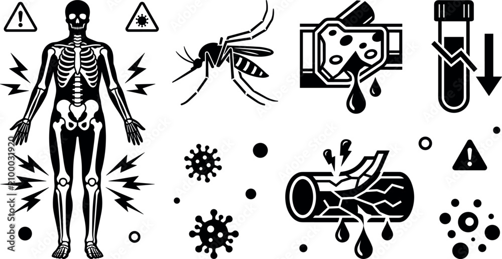 Fototapeta premium Dengue Fever Disease and Mosquito Borne Virus Vector Icon Set Featuring Skeletal Body Pain, Low Platelet Count Test Tube, and Hemorrhagic Internal Bleeding Risk Graphics