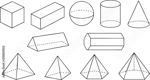 Foto Outline Collection of Common Three Dimensional Geometric Shapes Vector Illustrat