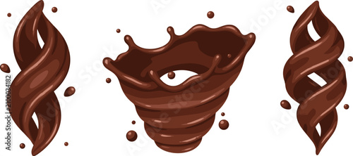 Set of chocolate liquid splashes and twists with chocolate splatter isolated illustration creative delicious