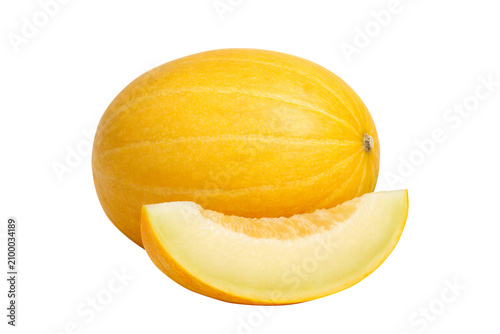 Whole ripe yellow melon with fresh sliced wedge isolated on transparent background beautifully displayed