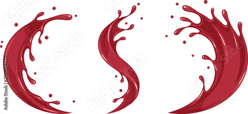 Set of red berry juice splashes isolated on white background with beverage isolated abstract splatter refreshing