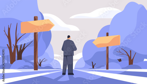 Businessman decision making crossroads concept man standing at forked road with blank direction signs trees and clouds abstract landscape flat design