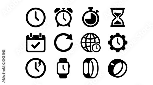 Bild auf Leinwand Time management and productivity icon set with clocks, calendar, stopwatch, hour