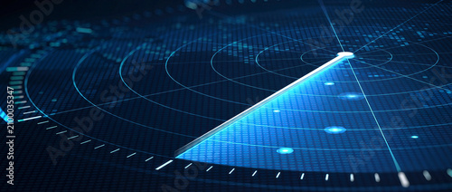 Close up of a futuristic digital radar screen with concentric circles and a bright blue scanning sweep beam showing glowing target dots on a dark pixelated grid background