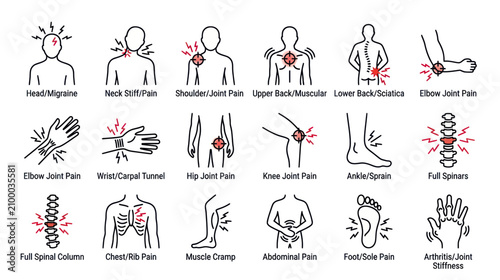 Foto Human Body Pain and Ailment Icon Set