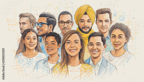 Detailed illustration of a diverse group of smiling people, including men, women, and children, representing global community and collaboration.