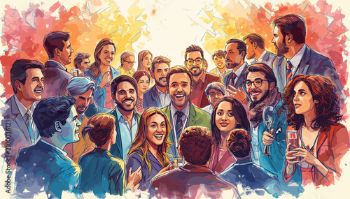 A vibrant watercolor illustration depicting a diverse group of smiling people gathered together, fostering a sense of community and connection.