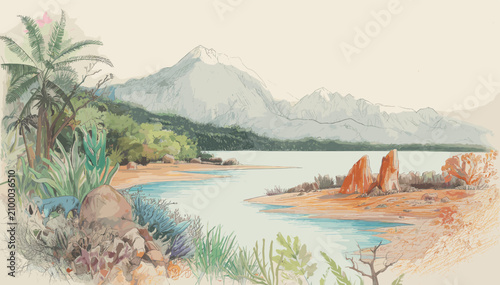 Cuadro en lienzo Watercolor painting of a tranquil mountain lake with lush tropical vegetation and distant snow-capped peaks under a soft sky