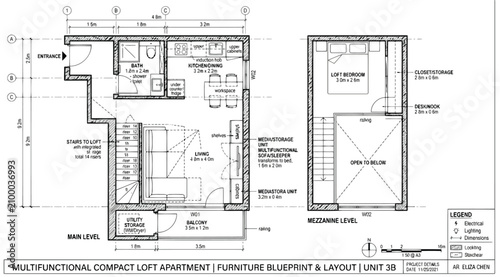 Bild auf Leinwand Multifunctional compact loft apartment furniture blueprint and floor layout