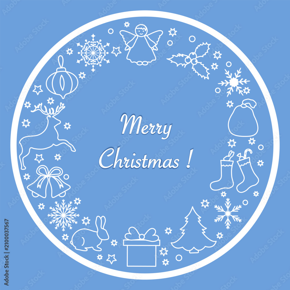 Obraz premium Christmas greeting card with festive icons and text in circular arrangement on blue background