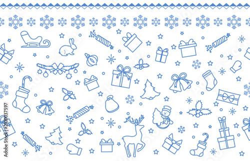 Christmas-themed pattern featuring blue holiday icons on a white background