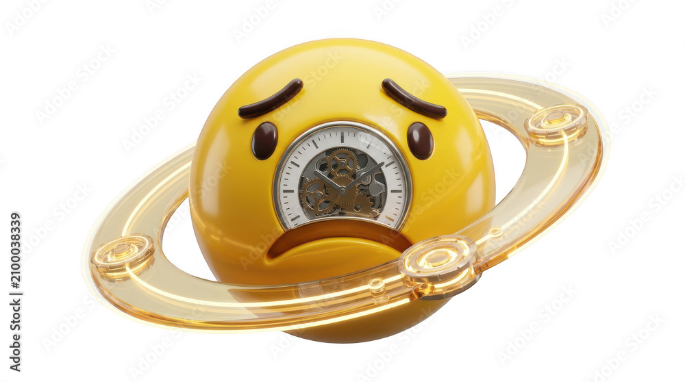 Fototapeta premium Sad emoji clock with rings isolated on transparent background