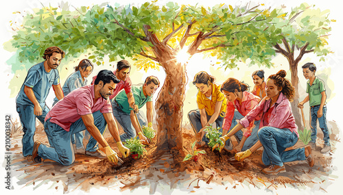 Cuadro en lienzo A diverse group of people, including men and women, actively participating in a community tree-planting event, nurturing new saplings around an existing tree in a vibrant outdoor setting