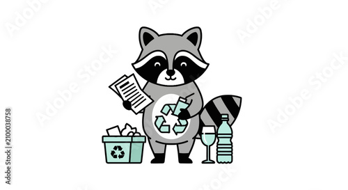 Cuadro en lienzo Cute raccoon sorting garbage for recycling