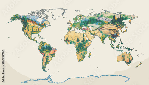 Detailed world map illustrating global biomes and land cover types with diverse ecosystems.