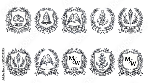 Принти на полотні Vintage Wedding Crests with Laurel Wreaths and Symbols