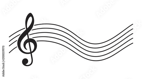 Obraz na płótnie Musical treble clef on wavy staff lines, elegant black music notation vector, fl