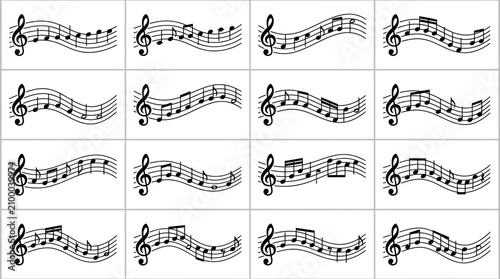 Obraz na płótnie Musical notes on wavy staff lines, set of 16 black music notation vector icons,