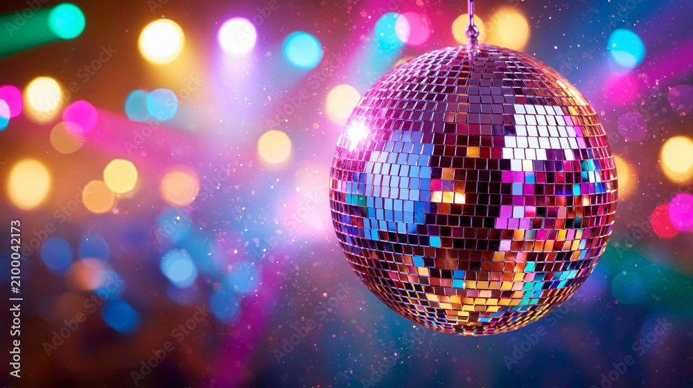 Fototapeta premium A disco ball (or mirror ball) is a spherical object covered in hundreds of tiny mirrored facets