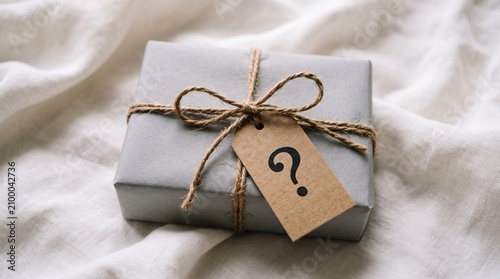 A wrapped gift box with a question mark on a rustic tag sitting on white fabric gift giving question surprise