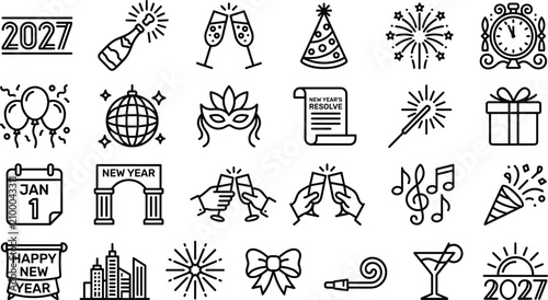 Happy New Year 2027 Celebration Line Icon Set Featuring Midnight Countdown Clocks, Fireworks Displays, Champagne Toasting Symbols, and Party Decorations for Holiday Winter Event Graphic Designs