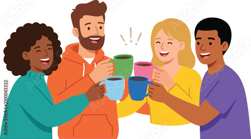 Four friends clinking coffee cups together in a casual social gathering