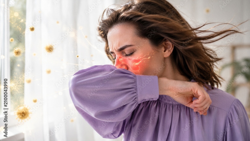 Fototapeta premium Woman sneezing into elbow to prevent virus spread. Sick girl with sinus infection, cold or flu symptoms. Healthcare concept, respiratory illness, contagion, bacteria and allergy prevention.