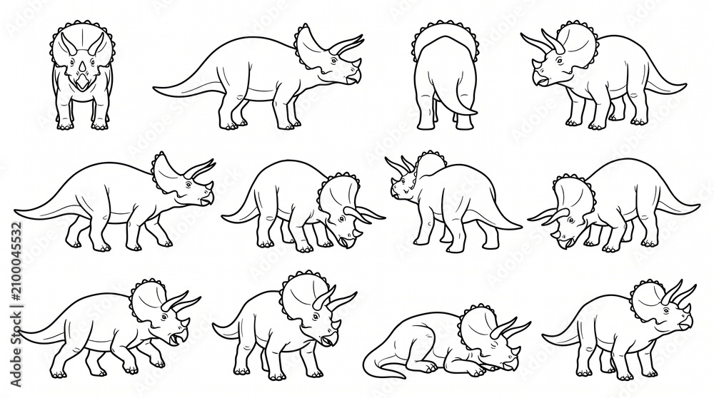 Fototapeta premium Triceratops Dinosaur Outline Poses Collection - Set of 12 Vector Line Art Illustrations for Coloring Pages and Education
