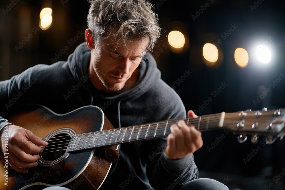 Obraz premium Man Playing Acoustic Guitar on Dark Stage