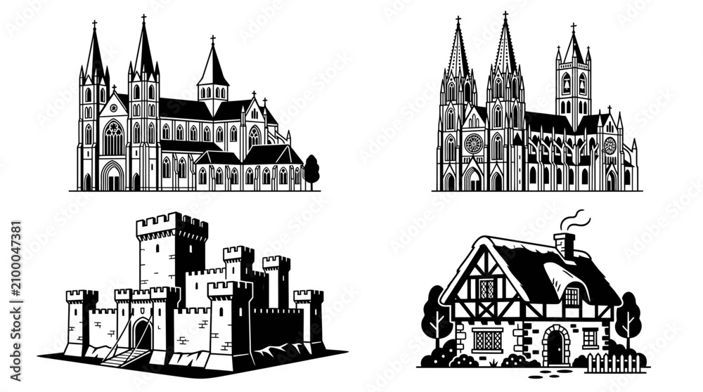 Fototapeta premium Vintage Architectural Icons: Castle, Cathedral, Cottage, Gothic Building