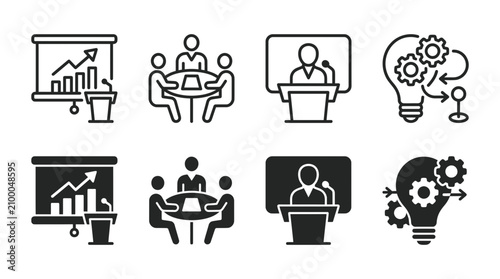 Corporate presentation and strategic innovation icon set with presentation innovation strategy business management