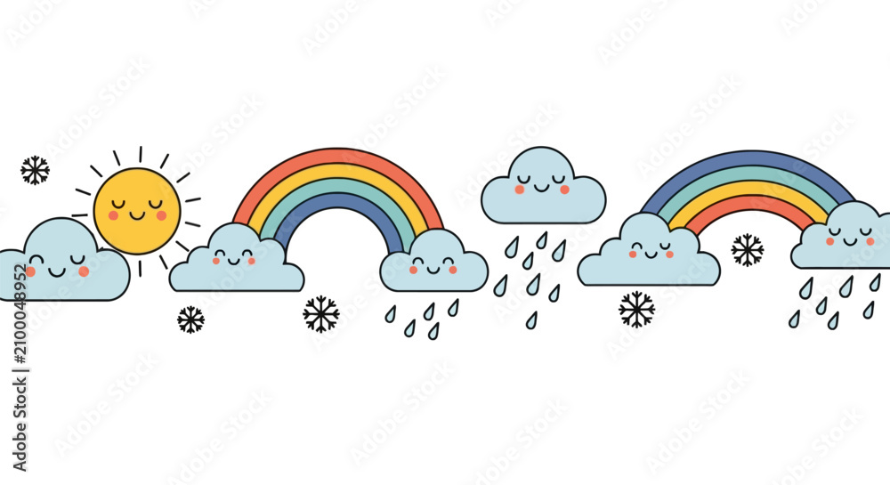 Obraz premium Cute weather icons with sun clouds rainbows and rain